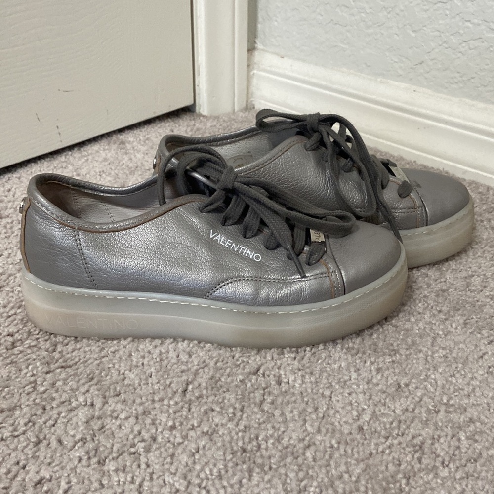 Valentino Silver Leather Platform Lace-Up Sneakers
